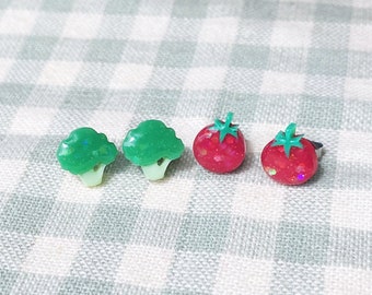 broccoli or cherry tomato earrings, choose your own vegetable earring studs! stainless steel posts OR clip ons