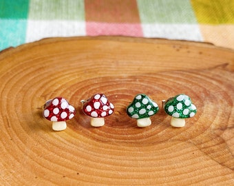 tiny mushrooms earrings, cottage core toadstool studs, choose red or green earring studs! stainless steel posts OR clip ons