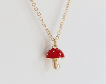red mushroom necklace, red enamel mushroom gold plated chain