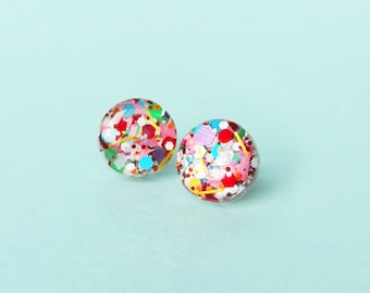 circle resin studs, fun glitter confetti, festive glitter mix earrings