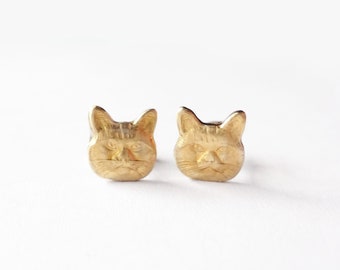 cat earrings, grumpy cat brass studs