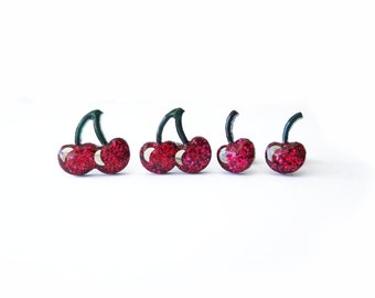 glitter cherry earrings, fruit studs, choose your type, single, double or mix and match!