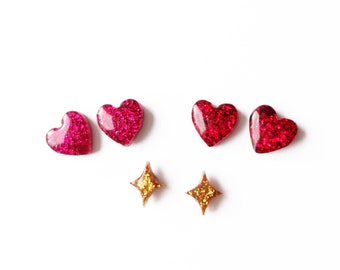 itty bitty heart and sparkle emoji earrings, choose your set! stainless steel posts OR clip ons