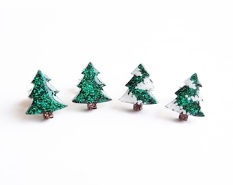 glitter tree earrings, choose plain or snow forest green trees! stainless steel posts OR clip ons