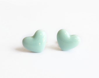 mint candy heart earring studs, stainless steel posts OR clip ons