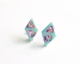 glitter diamond resin studs, pearly mint and glitter pink earrings