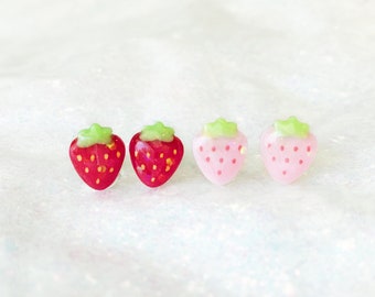 mini strawberry earrings, choose red or pastel pink fruit earring studs! stainless steel posts OR clip ons
