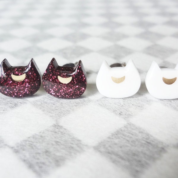 cat earrings, sailormoon inspired artemis and luna glitter studs, stainless steel posts OR clip ons