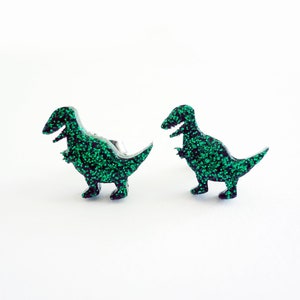 T-rex dinosaur resin earrings, green glitter dinosaur studs image 1