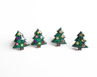 christmas tree earrings, choose ornaments or stars forest green tree studs! stainless steel posts OR clip ons