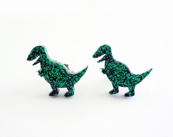 T-rex dinosaur resin earrings, green glitter dinosaur studs