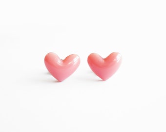 pink candy heart earring studs, stainless steel posts OR clip ons