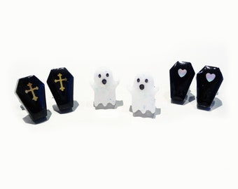 spooky cute ghosts and coffins studs sets! choose your own pair of spoopy earrings, stainless steel posts OR clip ons