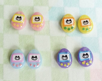 tamagotchi earrings, resin virtual pet earrings, choose pink, yellow, light blue, purple glitter studs! stainless steel posts OR clip ons