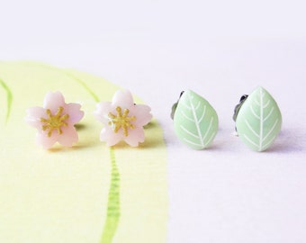 sakura and leaf earrings, spring flowers and leaves, choose your set earring studs!