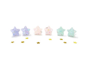 small pastel stars glitter resin earrings, choose from purple, pink, or mint. stainless steel posts OR clip ons