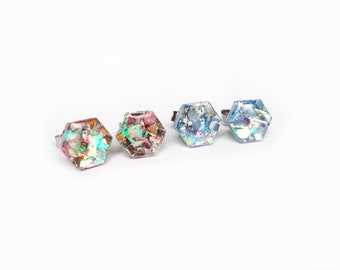 hexagon resin studs, iridescent glitter filled studs, choose from pink or blue!