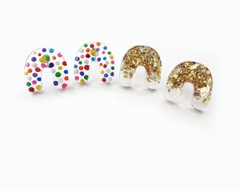 mini resin arch earrings, real rainbow sprinkles or gold glitter sparkle studs