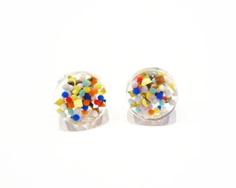 circle resin studs, fun birthday sprinkles and gold foil earrings