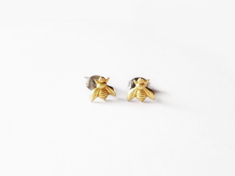 tiny honey bee brass earring studs image 1
