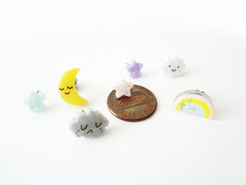 storytime collection, choose your set earring studs happy cloud, sad cloud, sleepy moon, rainbow, stars, stainless steel posts OR clip ons 画像 8