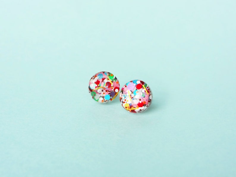 circle resin studs, fun glitter confetti, festive glitter mix earrings image 1