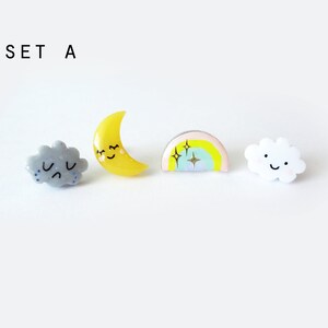 storytime collection, choose your set earring studs happy cloud, sad cloud, sleepy moon, rainbow, stars, stainless steel posts OR clip ons image 2