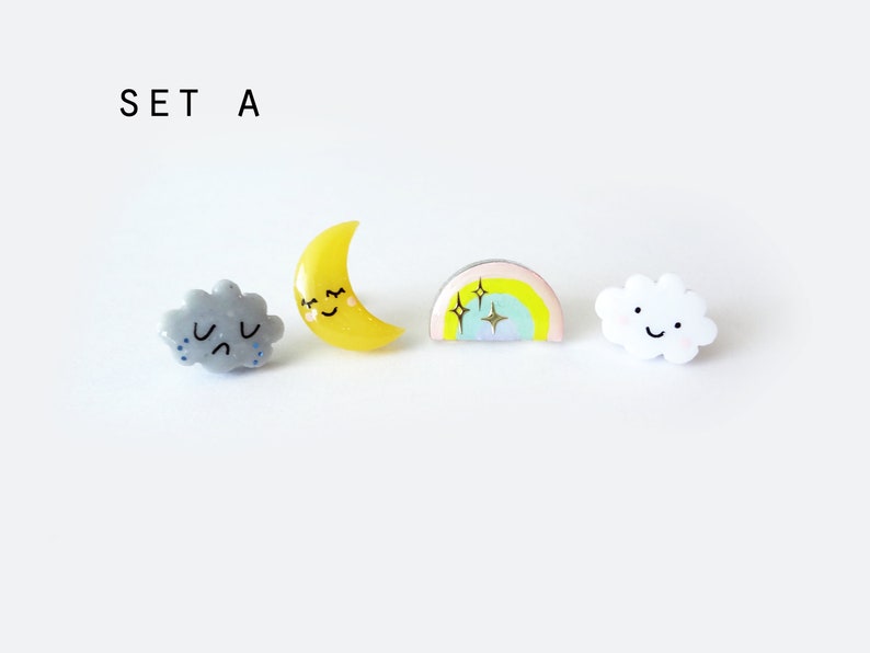 storytime collection, choose your set earring studs happy cloud, sad cloud, sleepy moon, rainbow, stars, stainless steel posts OR clip ons image 2