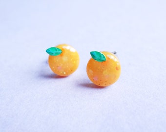 tiny orange earrings, glitter fruit studs, choose stainless steel posts OR clip ons