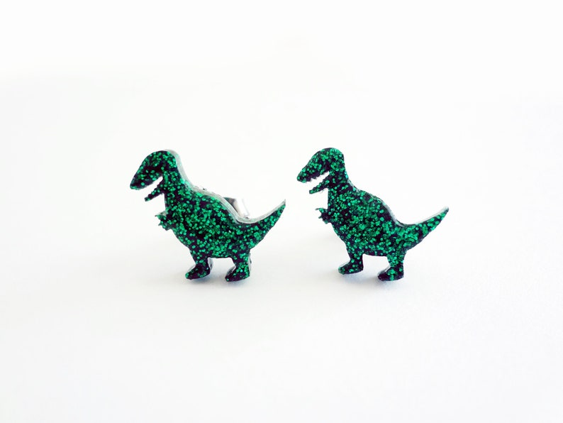 T-rex dinosaur resin earrings, green glitter dinosaur studs image 1