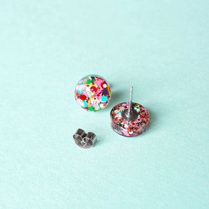 circle resin studs, fun glitter confetti, festive glitter mix earrings image 4