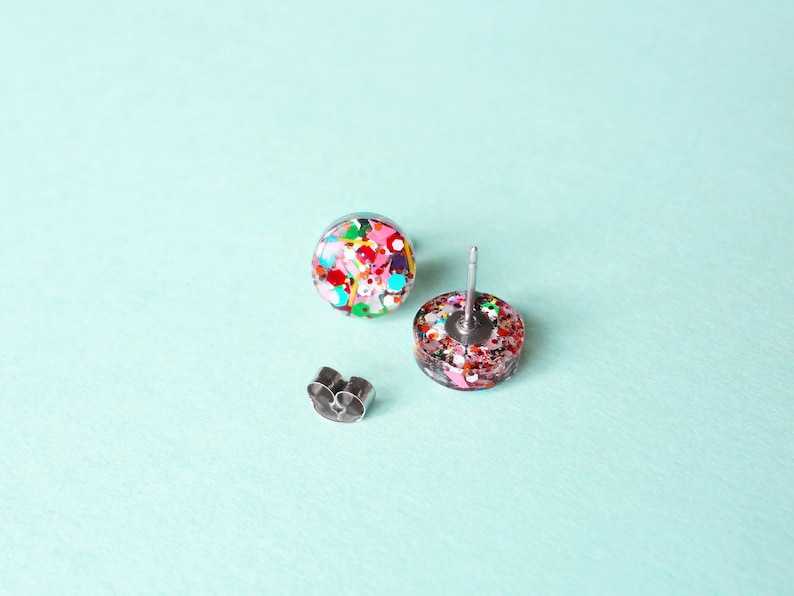 circle resin studs, fun glitter confetti, festive glitter mix earrings image 4