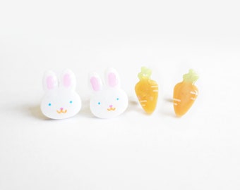 rabbit and carrot earrings, choose your set earring studs! stainless steel posts OR clip ons