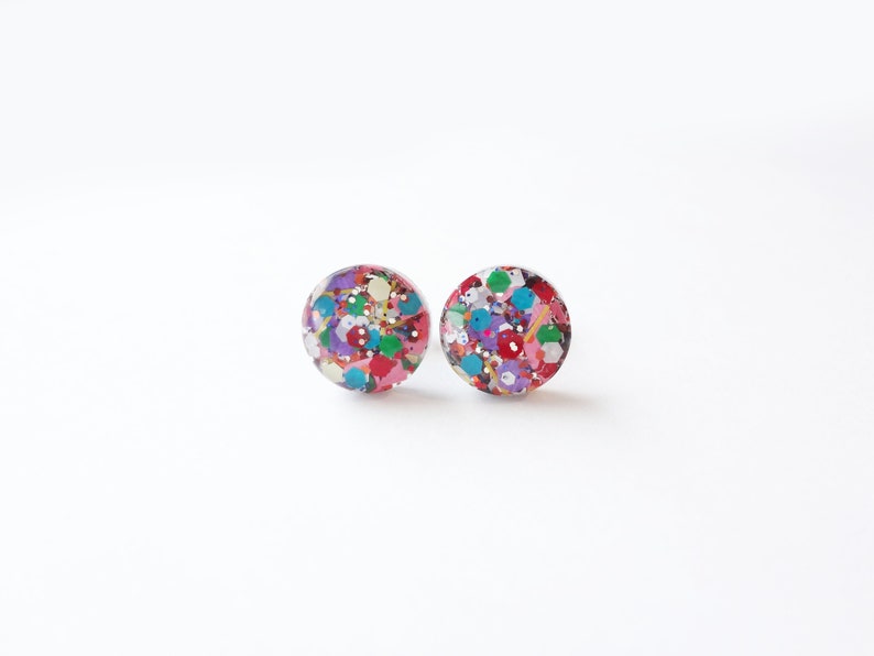 circle resin studs, fun glitter confetti, festive glitter mix earrings image 2