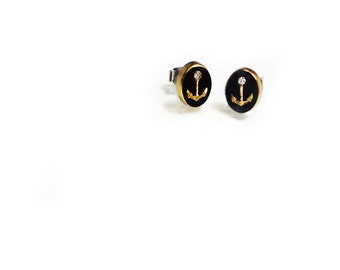 anchor studs in black, vintage glass gold anchor charm