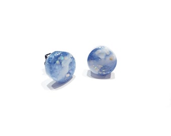 marble swirl with crushed shell earrings, blue and white studs