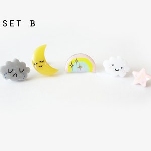 storytime collection, choose your set earring studs happy cloud, sad cloud, sleepy moon, rainbow, stars, stainless steel posts OR clip ons SET B (5pcs)
