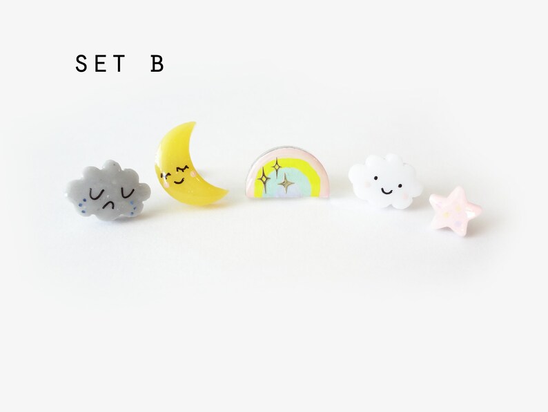 storytime collection, choose your set earring studs happy cloud, sad cloud, sleepy moon, rainbow, stars, stainless steel posts OR clip ons SET B (5pcs)
