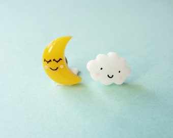 happy clouds and sleepy moon earrings, choose your set earring studs! stainless steel posts OR clip ons