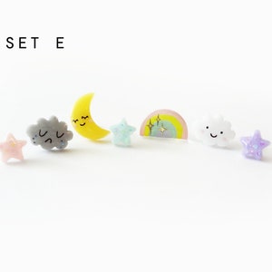 storytime collection, choose your set earring studs happy cloud, sad cloud, sleepy moon, rainbow, stars, stainless steel posts OR clip ons SET E (7pcs)
