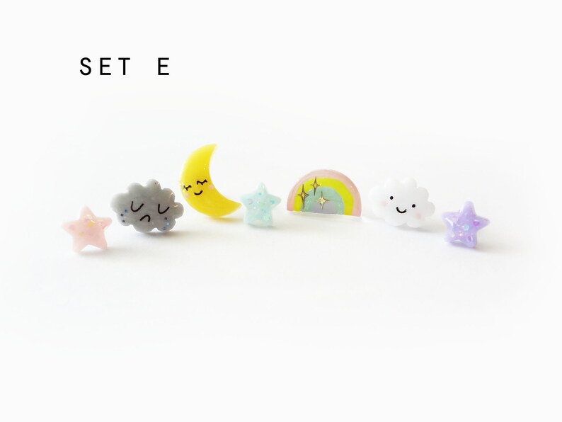 storytime collection, choose your set earring studs happy cloud, sad cloud, sleepy moon, rainbow, stars, stainless steel posts OR clip ons SET E (7pcs)