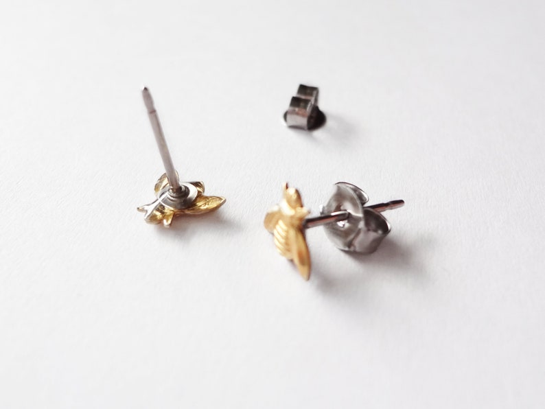 tiny honey bee brass earring studs image 2