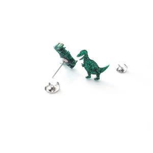 T-rex dinosaur resin earrings, green glitter dinosaur studs image 3