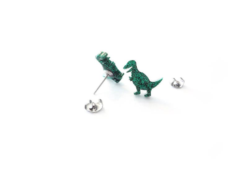 T-rex dinosaur resin earrings, green glitter dinosaur studs image 3