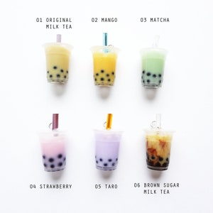 bubble tea necklace, custom alphabet initial, pearl milk tea, strawberry, taro, matcha green, mango orange, or brown sugar
