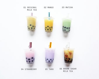bubble tea necklace, custom alphabet initial, pearl milk tea, strawberry, taro, matcha green, mango orange, or brown sugar