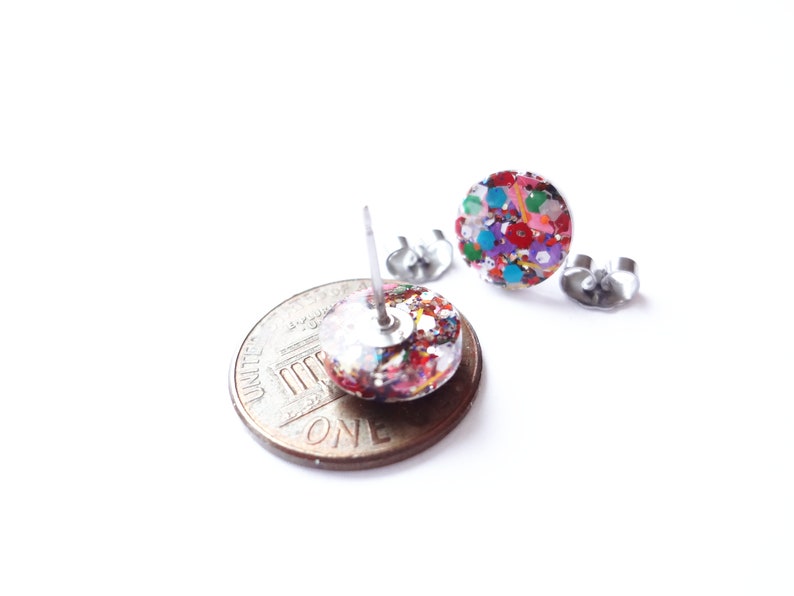 circle resin studs, fun glitter confetti, festive glitter mix earrings image 6