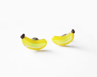 iridescent banana earrings, fruit glitter bananas, choose stainless steel posts OR clip ons