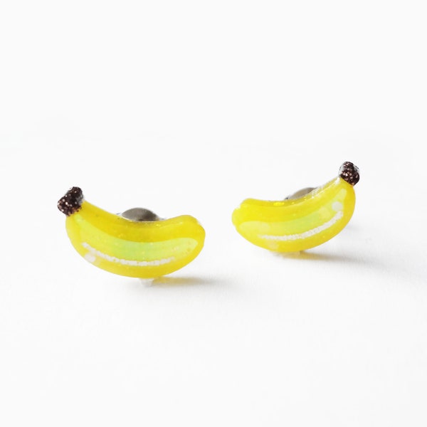 iridescent banana earrings, fruit glitter bananas, choose stainless steel posts OR clip ons