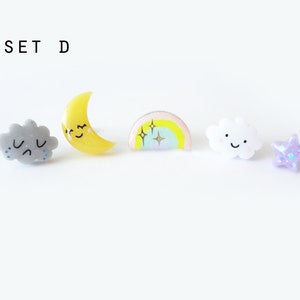 storytime collection, choose your set earring studs happy cloud, sad cloud, sleepy moon, rainbow, stars, stainless steel posts OR clip ons SET D (5pcs)